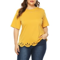 Gotyou Proljetni vrhovi ženske plus veličine okrugle vratne šuplje i izgorele majicu u boji pune boje žuti xxxxl