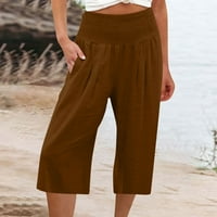 Časni hlače sa visokim strukom za žene Ležerne prilike, pune boje pamučne pantalone labave širok nogašne pantalone elastične struke ravno obrezivanje hlača