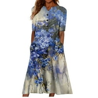 Clearsance Ljetne haljine za žene zarez vrata modni ispisani srednji duljina A-linijski odmor kratki rukav blue xxl