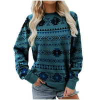 Ženska dukserica za zapadni Aztec duge rukave pulover Vintage vrhovi džemper Etnički grafički pad tebi vrhovi plavi l