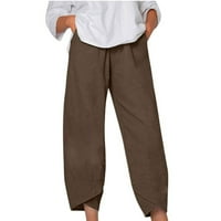 Ženske labave posteljine vrećaste pantalone čiste boje široke pantalone za noge Palazzo pantalone s džepovima, Khaki, m