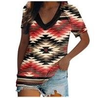 Ženski vrhovi Wemens Retro Print Tribe Geometrijski print V izrez T-majice kratkih rukava Bluze Crveni