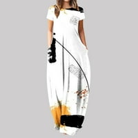 Maxi haljine za žene O-izrez s kratkim rukavima slobodno cvjetno tiskane ležerne odmora Swing tlo duljina ljetna haljina s džepovima Bijela XL