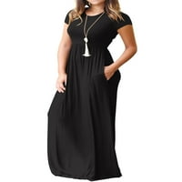 MengPipi ženske maxi haljine kratki rukav duge casual haljine labave ravnice sa džepovima, crno-4xl