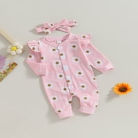 Dojenčad Girl Rompers Daisy tipke za ispis dugih rukava za bebe skokovi novorođene odjeće Bodici s trakom
