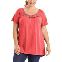 HHEI_K Ženska moda Soild Color čipka majica kratkih rukava plus veličina okrugli vrat na vrhu ljetnih