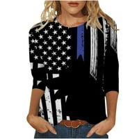 Bluze za žensko bluza za bluzu za vrat na rukavu s prugama s prugama Slim ugrađena 4 jula Američka zastava majica