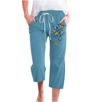 Umfun plus veličine pantalone za žene Ljeto tiskane ravne casual hlače pamučne posteljine labave haljine plaćanje plave m