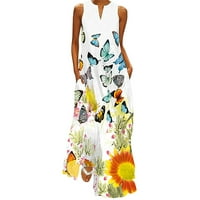 Lolmot Ženska ljetna casual v izrez dugačka haljina cvjetna ispis Labava haljina na plaži bez rukava bez rukava maxi haljine sa džepovima