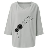 Ženska pamučna posteljina bandelion Print Top i bluza Trendy Plus Veličina Tunike Ters V Majice za rukave izreza Siva M