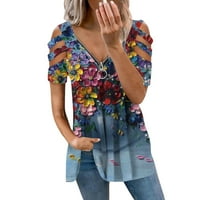 Odjeća za odjeću Ljetna tunika Vrh za žene CUTOut kratkih rukava Zipper V izrez Cvijet Print majica