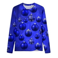 Božićne košulje za žene plus veličine modne tiskane labave majice dugih rukava bluza okrugli vrat casual vrhovi tamno plave s