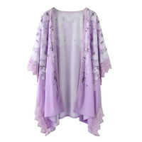 Pamuk V izrez Žene Žene cvjetni print Puff rukav kimono kardigan labav pokrov povremenog bluza vrhova kratka