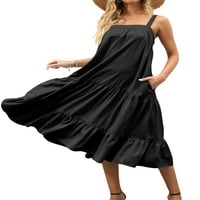 Bomotoo Žene Midi haljina Solidna boja Ljeto plaža Sundress Square Crt Haljine Bohemian Party Black