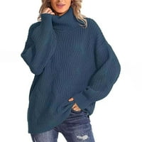 TUPHREGYOW ženska kornjača vrata pletene džemper zazor labavi modni rebrani džemperi za slobodno vrijeme dugih rukava Crochet pulover Trendy Solid Slouchy Winter Tamno plavi XL