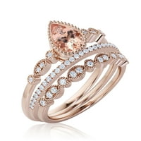 Dazzling Boho & Hippiepie 2. Karatni kruški ružni prsten za uključivanje, vjenčani prsten, dva podudarna traka u srebru od 18k sa 18k ružičastog zlata, rođendanski poklon
