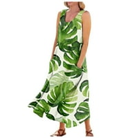 Ženske haljine dužine gležnja na rukavu bez rukava a-line ispisana okrugla dekolte, ljetna haljina zelena