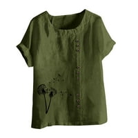 Lovskoo pamučne posteljine za žene Ljetne krivulje dame odjeća kratki rukav čvrsti ispisani labavi okrugli vrat majica casual bluza maslina zelena