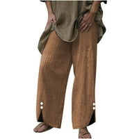 Ženske široke pamučne pamučne line Capri hlače Ljeto slobodno vrijeme sportsko labavo puno gumba udobne elastične pantalone za struku za djevojke kafa xxxxxl
