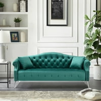 Dnevna soba Sofa, gumb Tufted baršunasti kauč sa jastucima, sofa za chesterfield s navlakama za nokte, zakrivljene leđa i metalne noge, zeleno