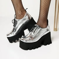 Giligiliso Cipele Žene debele visoke pete Jednobojni British Style Laintshing Shiny Classic Retro čipkasta