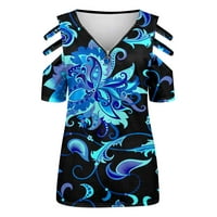 Cleance ženske bluze Dressy V-izrez Ženska bluza Ležerne prilike ispisane bluze kratki rukav moda, plava,