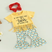 Qinghua Toddler Baby Girls Ljeto odijelo Kratki rukav Boho Pisma Tassel majica Paisley Flare hlače Traka za glavu žuta 12- mjeseci