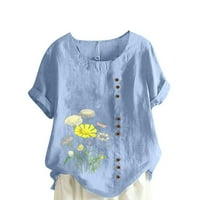 Lovskoo cvjetno tiskovina za žene Ljeto casual okrugli vrat kratki rukav cvijet labave majice svijetlo plava