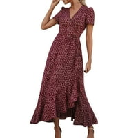 Ljetne haljine Trendy V izrez kratki rukav naletirani rub Slit Maxi Maxi haljina sa rukavima sitni crveni