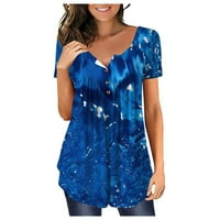 TKLpehg Ženska ljetna odjeća klirens sakrij trbušni tunički kratki rukav s majicama Crewneck gumb Pleted boja blok patchwork casual opušteni fit bluze plavi