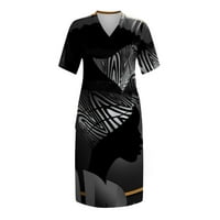 Ženske haljine s kratkim rukavima tiskana modna dužina gležnja A-line V-izrez ljetna haljina crne s