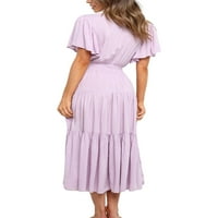 Beiwei Dame Ljeto Midi haljina V Swing Haljine od pune boje susret sa rukama Udomiljki Ženski kratki