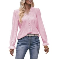 Sinimoko ženski vrhovi V-izrez dugih rukava od šuplje majica Ležerna ljetna jesenska bluza Osnovni vrhovi za žene ružičaste s