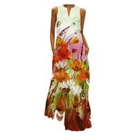 Ljetne haljine za ženske modne casual V-izrez cvjetne haljine bez rukava srednje duljine, labave ženske