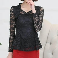 Ženska casual bluza Crna ženska majica Ležerne prilike s dugim rukavima Kukirana elegantna čipka bluza