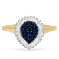 10k žuto zlato 0,5ct TDW okrugli tretirani plavi safirni dragulja i baguette Diamond ballerina Cluster