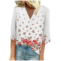 SKSLOEG ženski vrhovi modni vrhovi bluze labavi cvjetni tiskani košulje V TUNIC TUNIC TUNIC, CYAN S