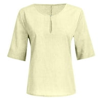 Ženski vrhovi Vintage Pamuk posteljina Comfy prozračna plus veličina Thirts Ljetni trendy Solid V-izrez Bluze za rukave Yellow XXXL