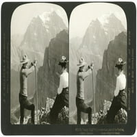 Kanada: Rocky planine. Plimber NTWO Gledajući Hram Mount u kamenitim planinama, Alberta, Kanada. Stereograph, 1907. Poster Print by