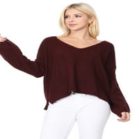Ženski dugi rukav širok V-izrez sa bočnim prorezom prevelikim pulover mk8219-bur-l-bd