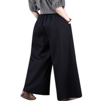 Ženske pune boje vuče široko ravne hlače za noge džepne casual labave elastične strugove