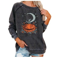Jerdar Women Halloween Print pune rukave, okrugli vrat Ležerni pulover, Halloween Crna mačka Ghost Witch bundeve grafički duks bez kapuljača, labavi preveliki vrhovi bluza tamno siva-d m