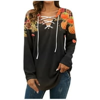 Ženska bluza, Halloween Print V-izrez Fall Tee Majice Dugi rukavi Duks Udobne labave majice Bluze crna