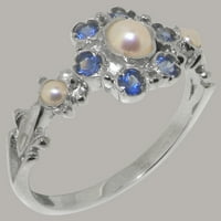 Britanci napravio 9k bijeli zlatni kultivirani prsten od bisera i safira ženskih izveštaja - Opcije veličine - veličina 10.5