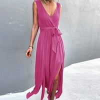 CETHRIO Ljetna casual haljina - haljina bez rukava za V izrez Čvrsta haljina casual duga haljina vruća ružičasta