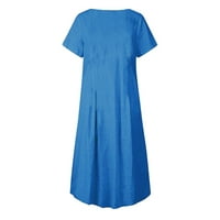 Haljine za žene plus veličine haljine casual pune boje kratkih rukava O-izrez džep pamuk i posteljina plavi s