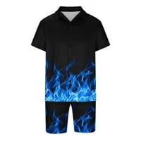 Mens odgovarajuća košulja i kratkih hlača postavljaju velike i visoke ležerne 3D plamene uzorak Ispis kratkog rukava dolje Down Stil hotela Comfy ljetni odmor Dva odijela Plavi XXL