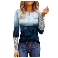 V-izrez casual bluza Grafički ispise ljetni vrhovi dugih rukava za žene plave s