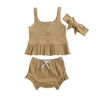 Canrulo Toddler Kids Baby Girl Pamuk Ruffle Halter Tank Top + Bowknot Shorts Outfits Set Khaki 18- mjeseci