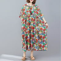 FANDNIN New Fashion Women Pamučna posteljina haljina O-izrez Džepovi kratkih rukava Cvjetni ispis Nasleđeni